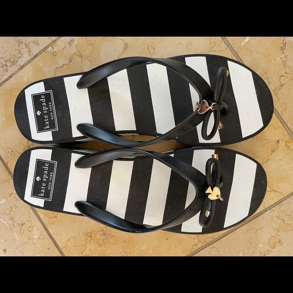 Kate Spade Platform Sandals Black White Striped Thong Flip Flop Shoes 9 M